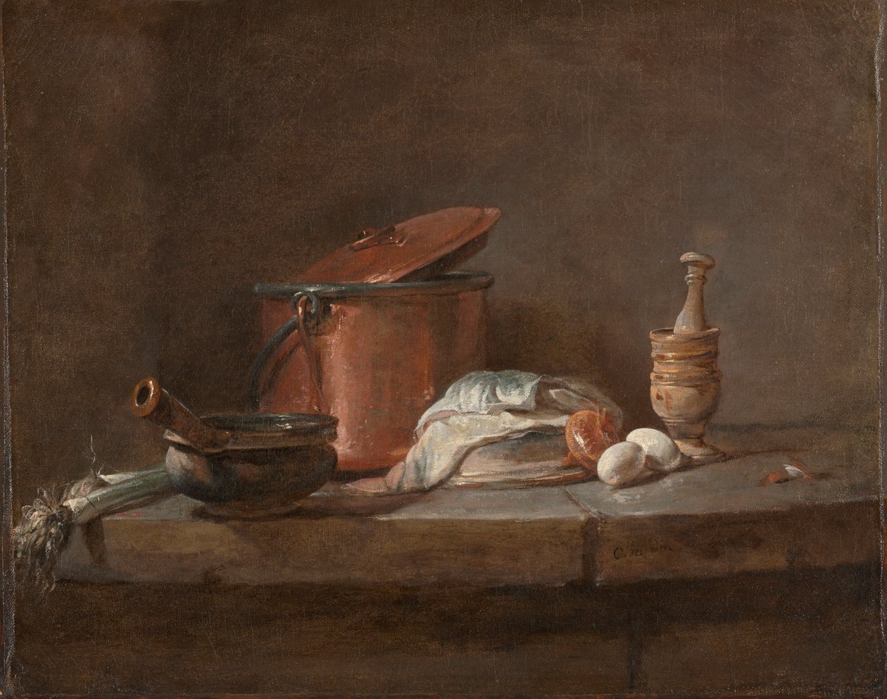 Köksredskap med purjolök, fisk och ägg av Jean Baptiste Simeon Chardin