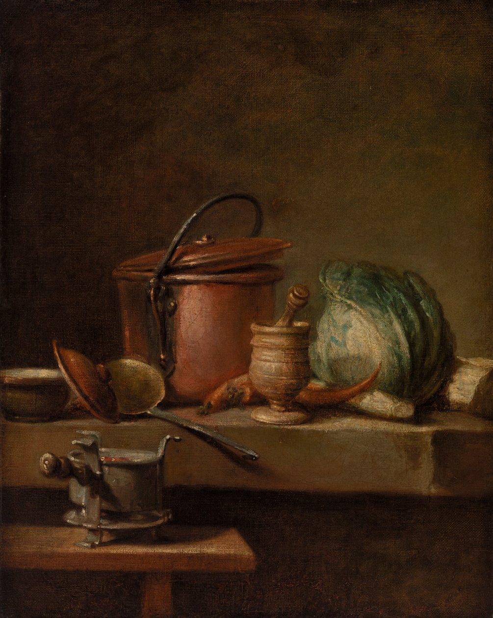 Stilleben med kopparkruka, kål, mortelstöt och spis av Jean Baptiste Simeon Chardin