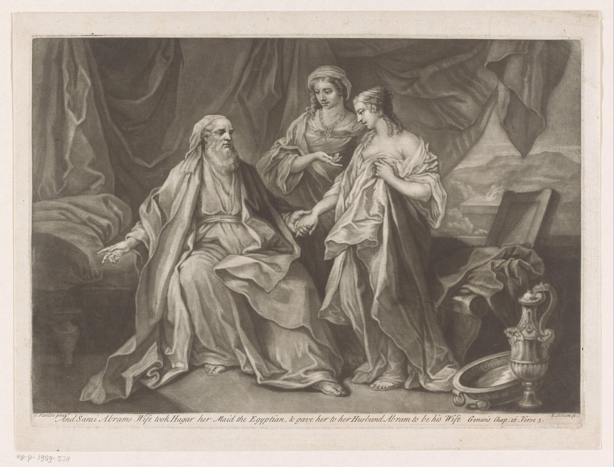 Sara stelt Hagar voor aan Abraham Och Sarai Abrams hustru tog Hager sin piga den egyptiska och gav henne till sin man Abram för att vara hans hustru (titel på objektet) av Jean Simon