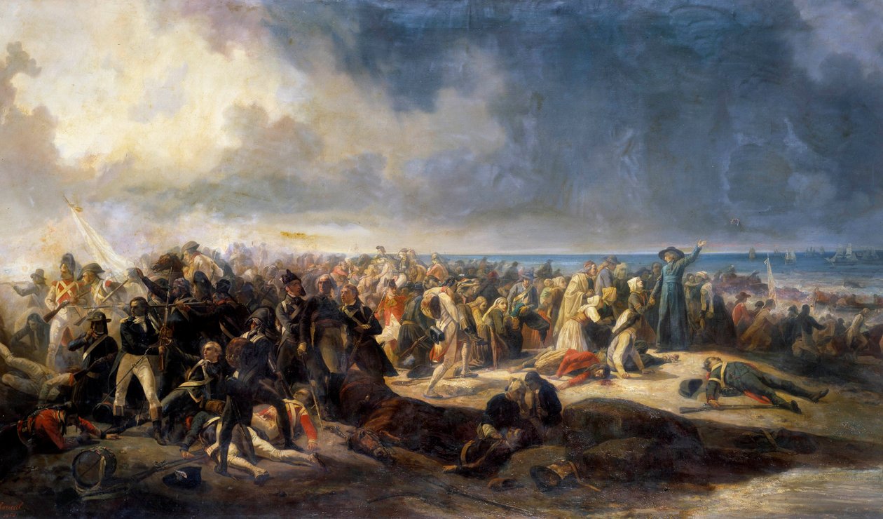Wars of Vendee: "Slaget vid Quiberon"" General Lazare Hoche förhindrade ett försök att avskräpa rojalistiska emigranter, kopplade till chouanerna, den 21/07/1795. Målning av Jean Soreuil (1824-1871) 1850 Arras, Musee Des Beaux Arts av Jean Soreuil
