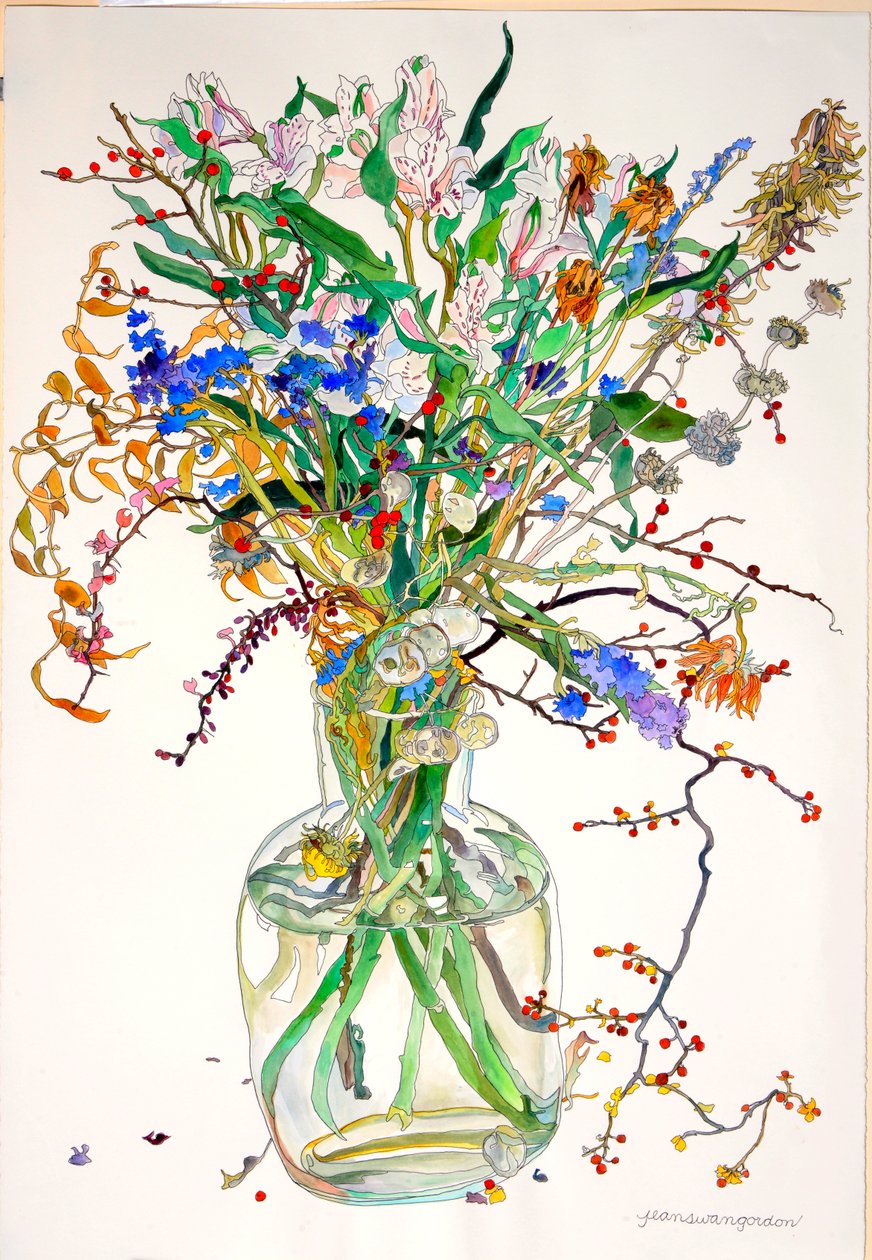 Alstroemeria, Statice, Ärlighet Ringblomma, torra blad, bär av Jean Swan Gordon