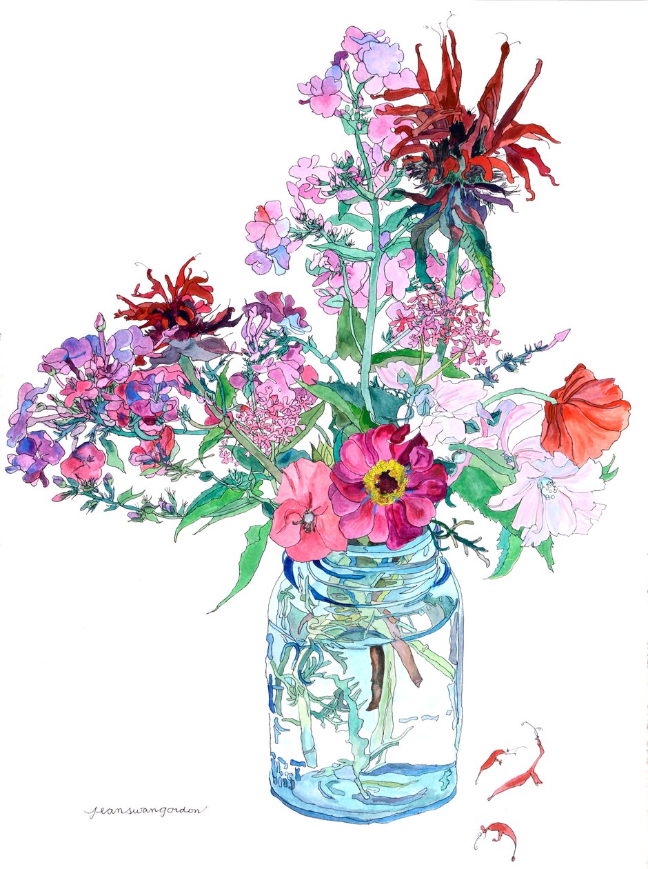 Bee balm and Poppies in a Glass Jar, 2009 (akvarell  tusch på papper) av Jean Swan Gordon