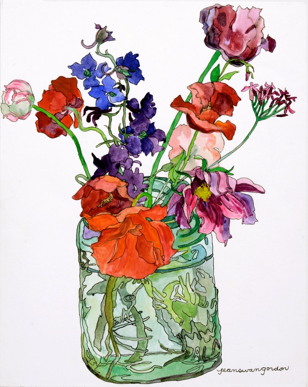 Delphiniums, Poppies  Others in Jar, 2011 (akvarell  tusch på papper) av Jean Swan Gordon