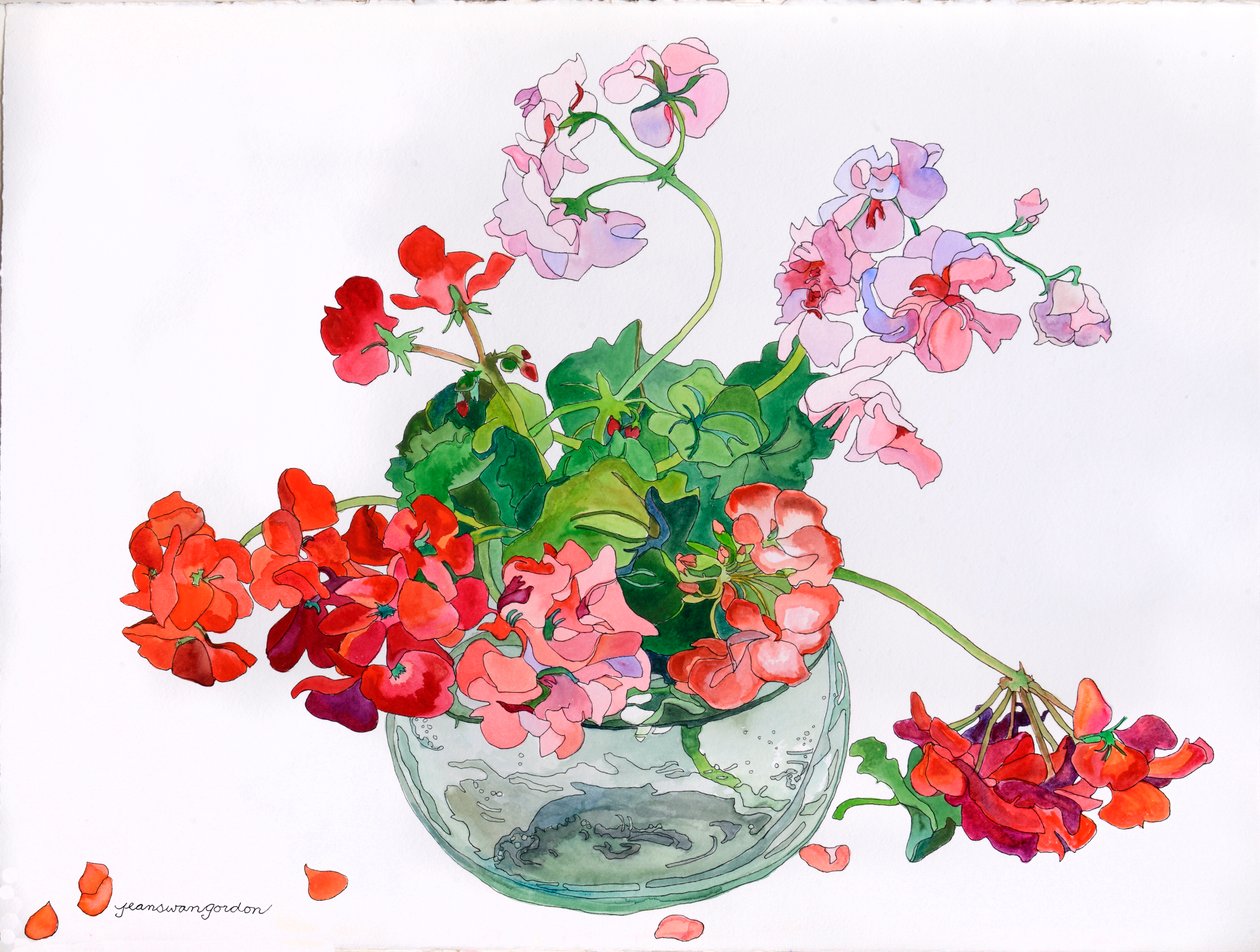 Geraniums at Ease in Glass Bowl (akvarell  tusch på papper) av Jean Swan Gordon