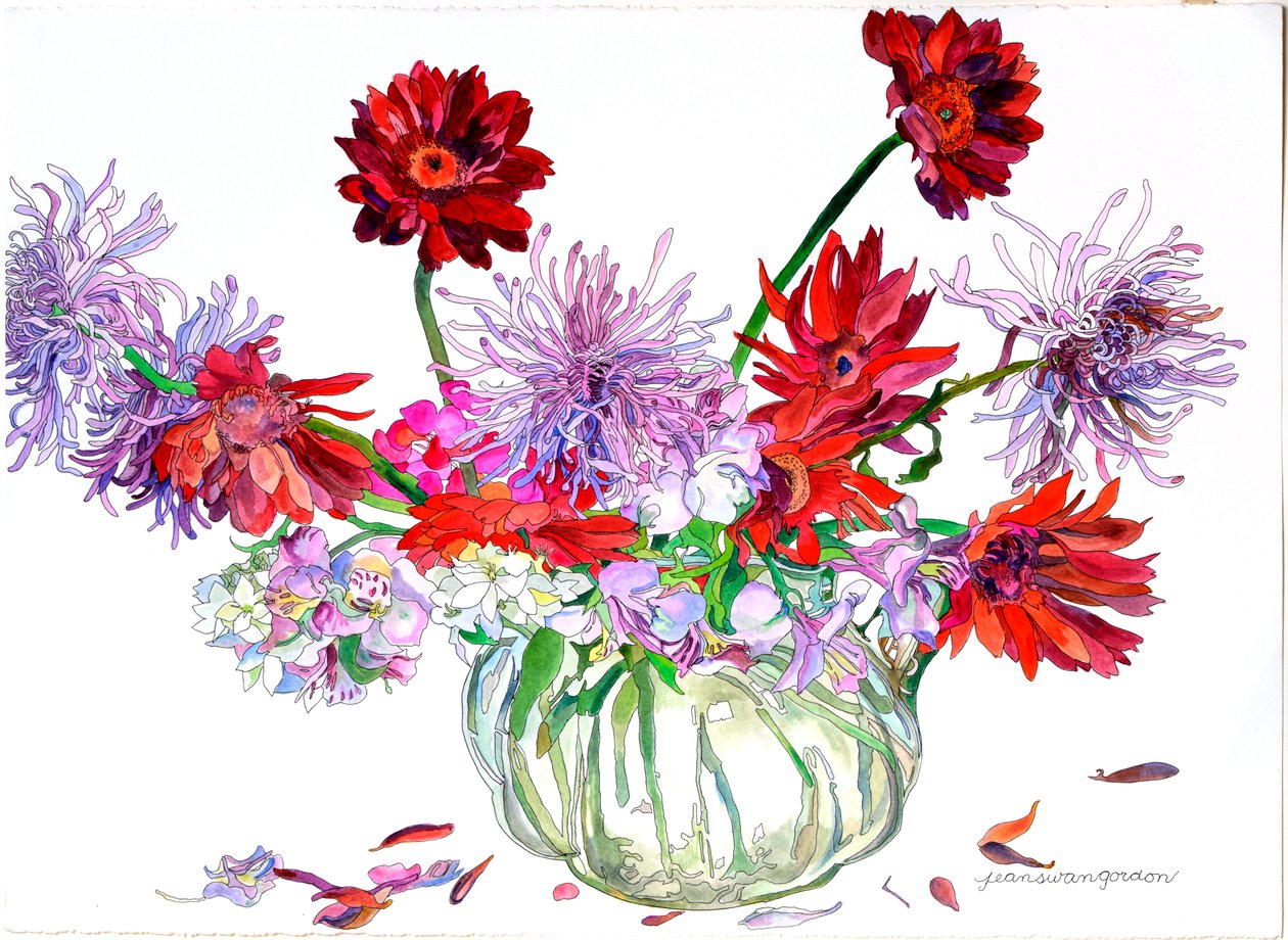 Gerbera, Betlehemsstjärna, spindelkrysantemum, Heisey-kanna, 2000 (akvarell  tusch på papper) av Jean Swan Gordon