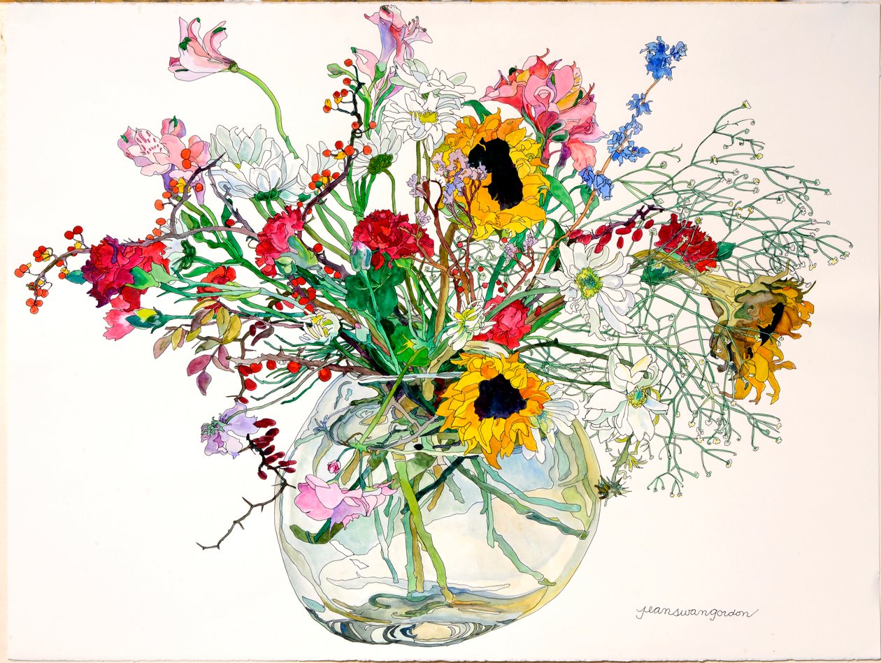 Sensommar i glasskål (akvarell  tusch på papper) av Jean Swan Gordon
