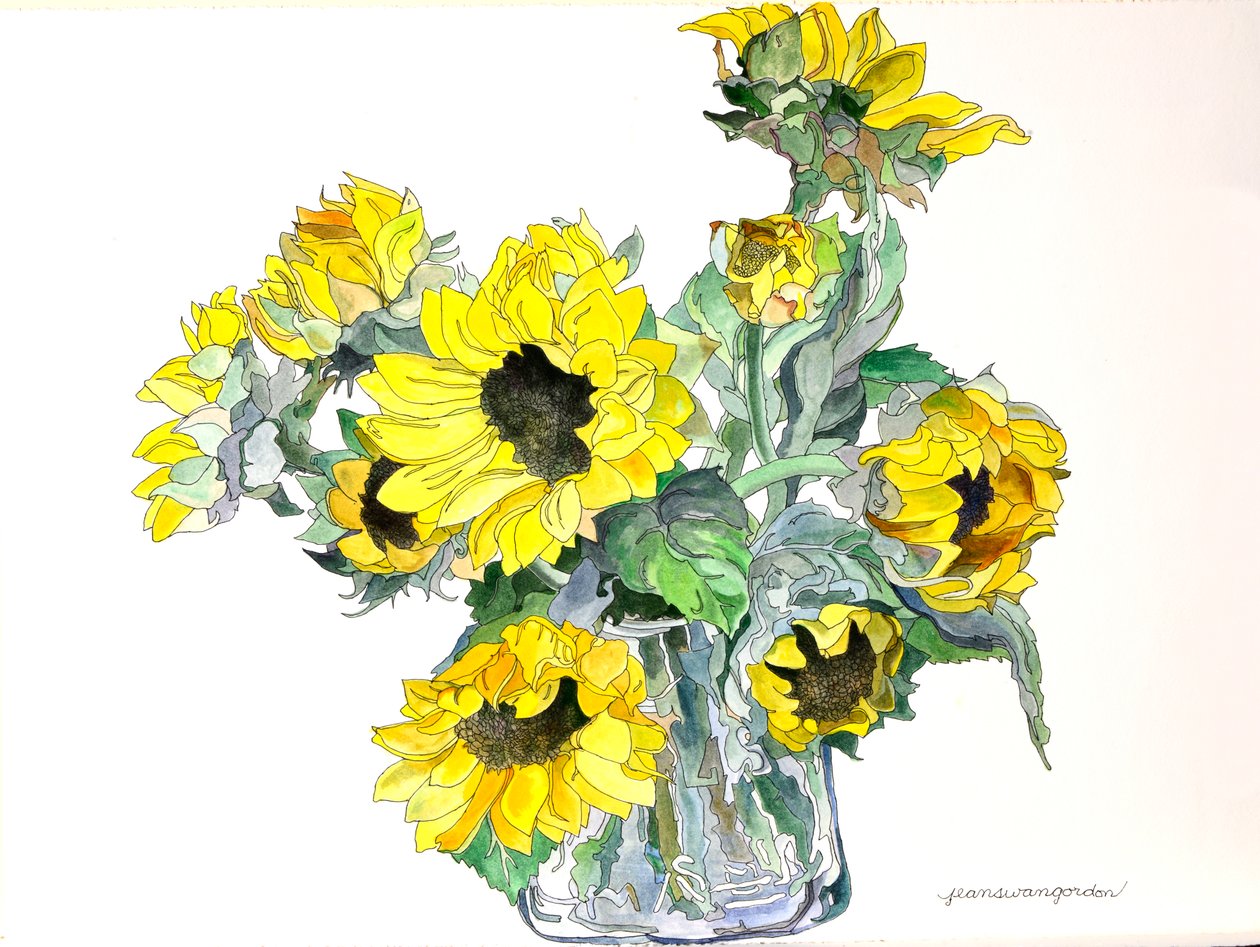 Solrosor, 2002 (akvarell  tusch på papper) av Jean Swan Gordon