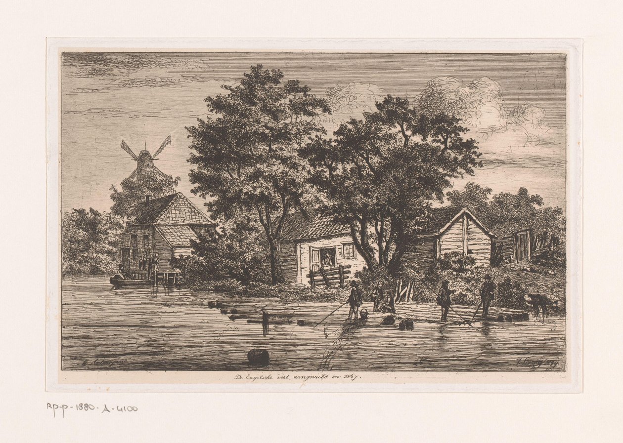 Utsikt över den engelska västen i Antwerpen där trädstammar samlas, i bakgrundsbyggnaderna och en väderkvarn Den engelska västen färdigställd 1867 (titel på objekt) av Jean Théodore Joseph Linnig