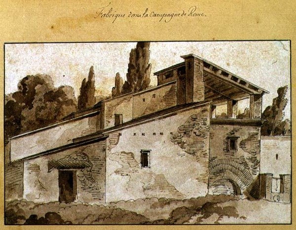 Fabrik på landsbygden runt Rom (penna och bläck med sepiatvätt på papper) av Jean Thomas Thibault