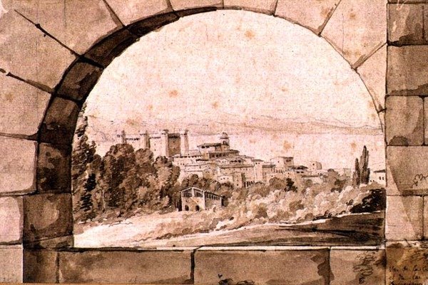 Utsikt över staden och sjön Bracciano, ca 1810 (penna & sepia bläck med sepia tvätt på papper) av Jean Thomas Thibault