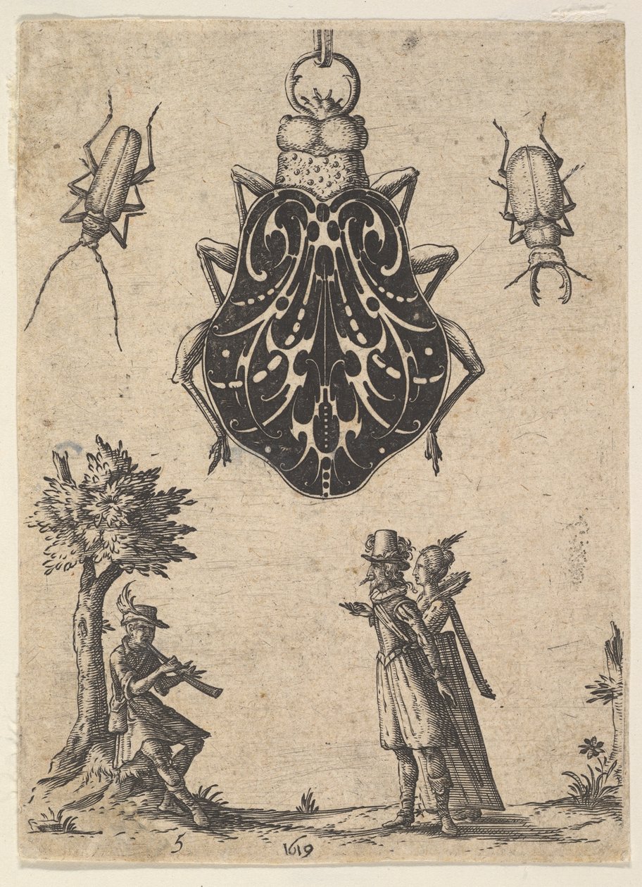 Hänge formad som en skalbagge med ett par och en ung man som spelar ett instrument, 1619. av Jean Toutin