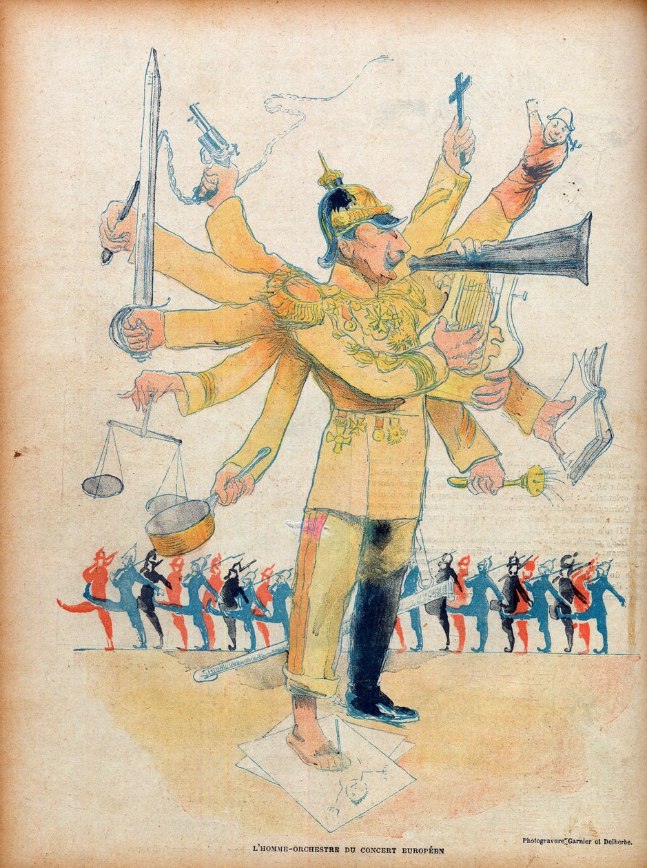Vilhelm II (1859-1941) (Kaiser Wilhelm II, tysk kejsare och kung av Preussen) - den europeiska konsertens manliga orkester - karikatyr i "" Le Rire"" den 26 november 1898 - karikatyr av Jean Veber (1864-1928) - nummer tillägnat Vilhelm II (1859-1941) a av Jean Veber