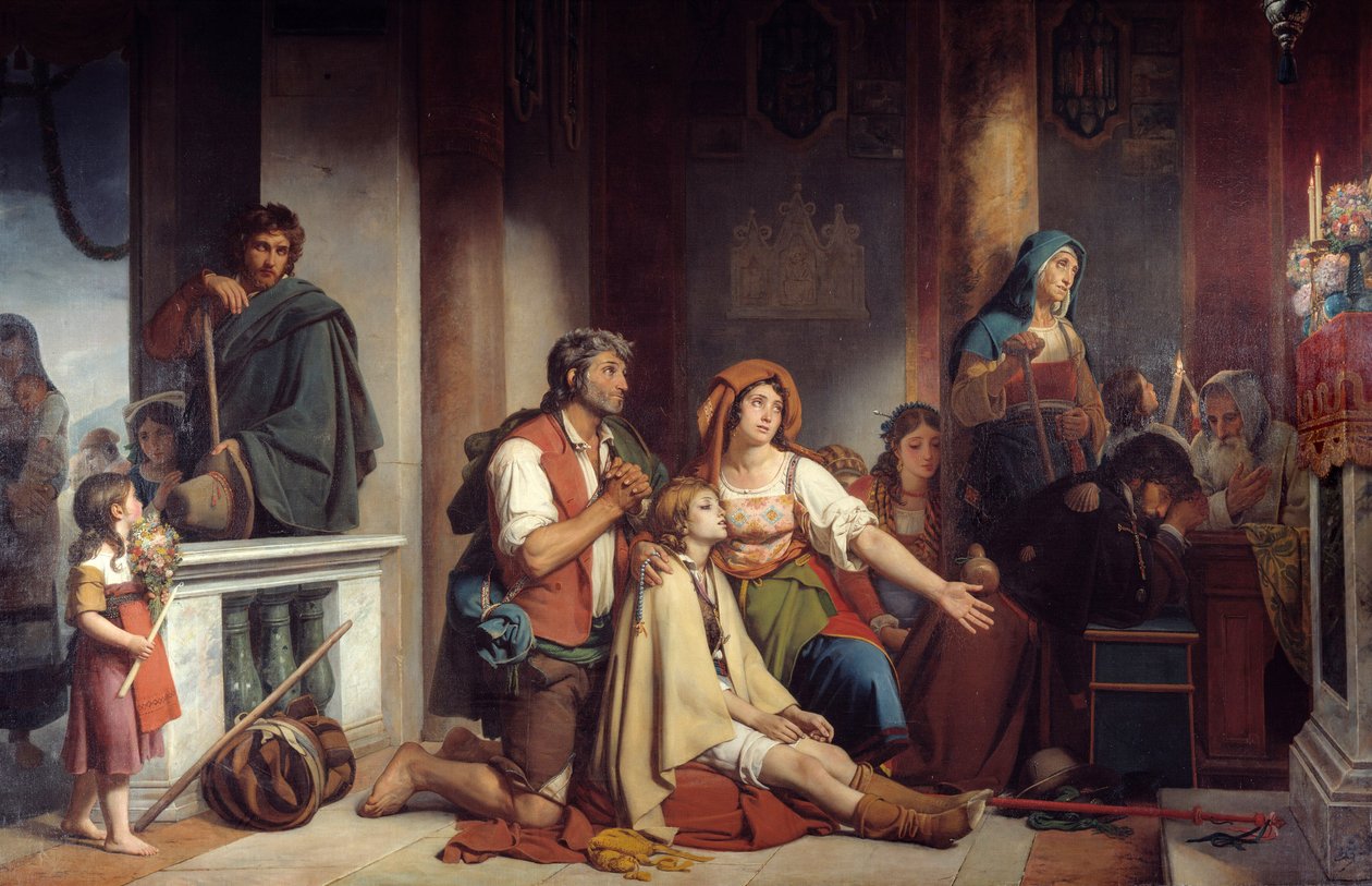 Önskan har Vår Fru Grupp av sjuka och sjuka Praying Our Lady. Målning av Victor Schnetz (1787-1870) 1831 sön. 2,82x4,90 m av Jean Victor Schnetz