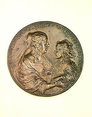 Medalj för stiftelsen Val-de-Grace. Verso föreställer Anne av Österrike (1601-66) och hennes son Ludvig XIV (1638-1715) 1638 (brons). av Jean Warin