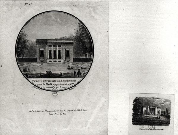 Utsikt över en paviljong i Louveciennes byggd av Claude-Nicolas Ledoux (1736-1806) för Madame du Barry (wc på papper) av Jean Testard