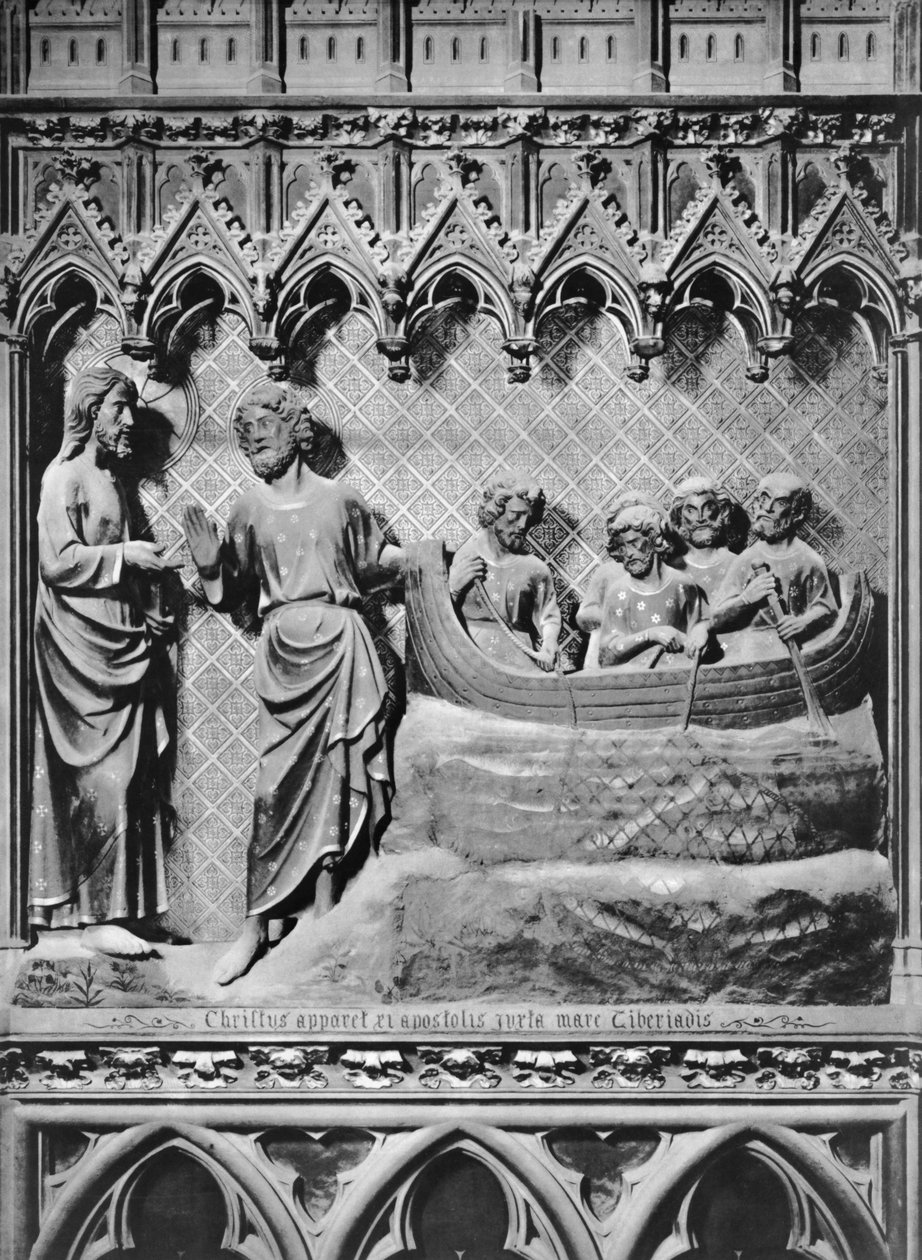 Katedral, interiör, körskärm, Jesus Kristus som visar sig vid Tiberiasjön, det mirakulösa draget av fiskar, ca 1340-51 (polykrom sten) av Jean and Jean Le Boutellier Ravy