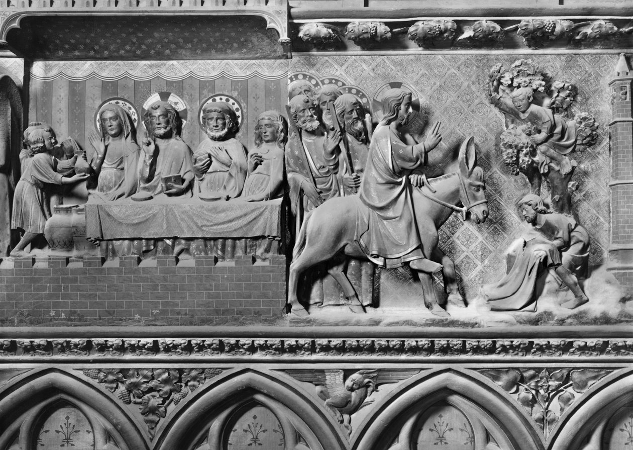 Katedral, interiör, körskärm, vigsel i Kana, Kristi inträde i Jerusalem, ca 1340-51 (polykrom sten) av Jean and Jean Le Boutellier Ravy