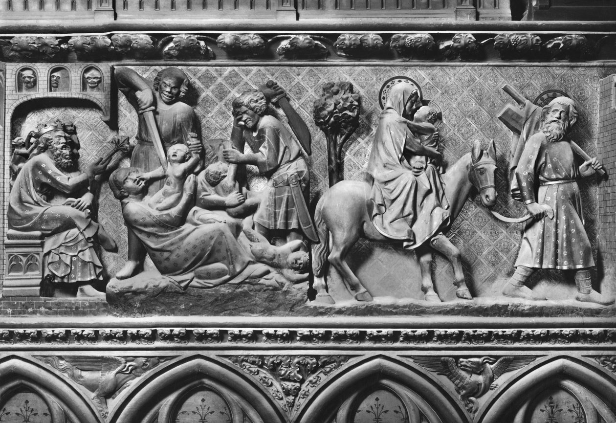 Katedral, interiör, körskärm, Massacre of Innocents och Flight into Egypt, c.1340-51 (polykrom sten) av Jean and Jean Le Boutellier Ravy