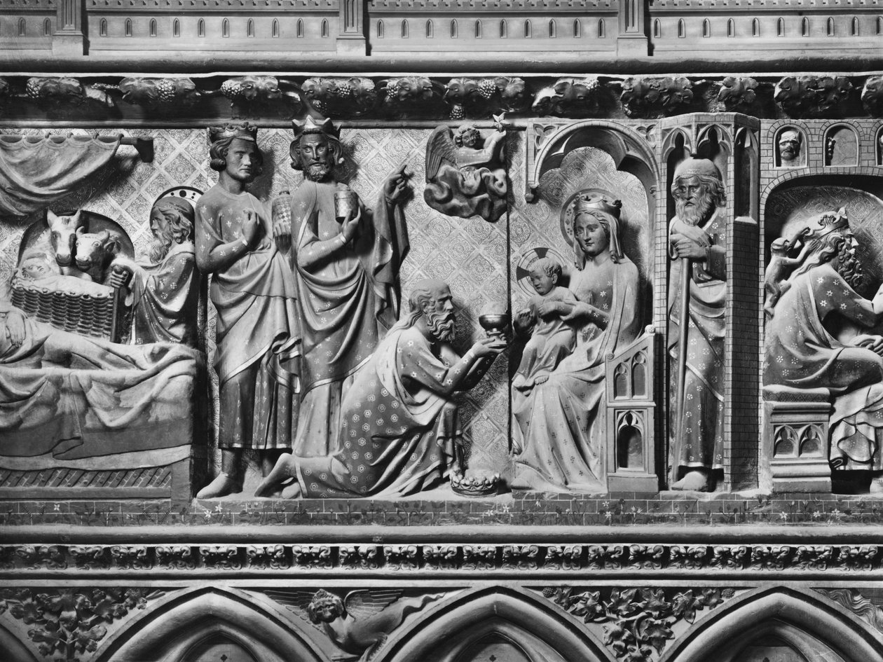 Katedral, interiör, körskärm, Födelsekyrka, Tillbedjan av Magi, c.1340-51 (polykrom sten) av Jean and Jean Le Boutellier Ravy