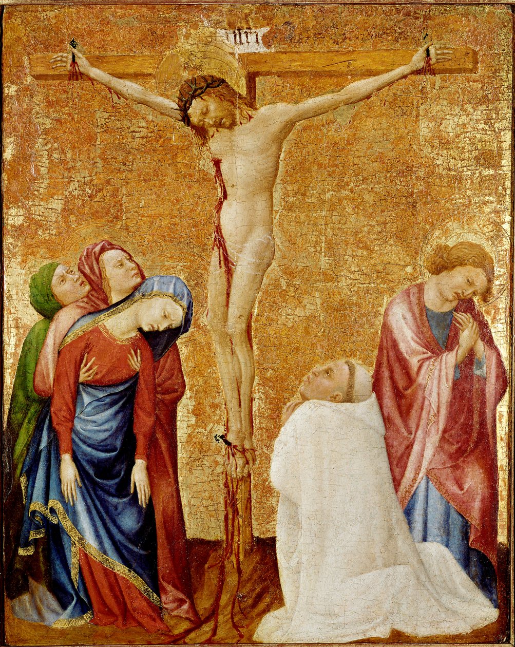Golgata till kartusermunken. De tre jungfrurna och Sankt Johannes omger korset. En kartusisk munk knäböjer vid Kristi fot. Målning av Jean de Beaumetz (1361-1396) av Jean de Beaumetz