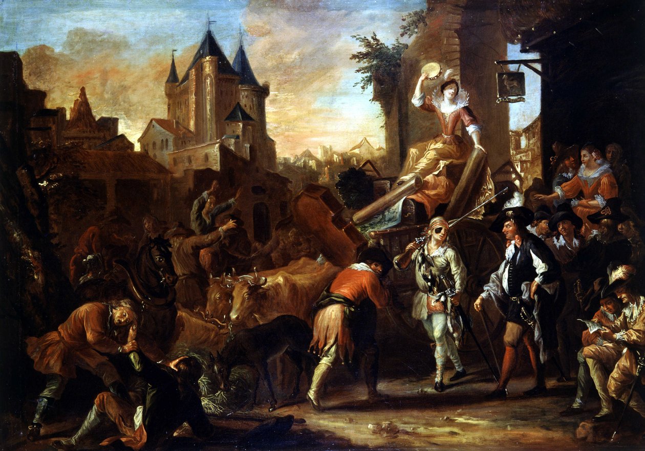 Komikernas ankomst till Le Mans målning som illustrerar ""The Comic Roman"" av Paul Scarron (1610-1660). Målning av Jean-Baptiste (Jean Baptiste) Coulom (eller Coulon) (ca 1695-1735) av Jean de Coulom