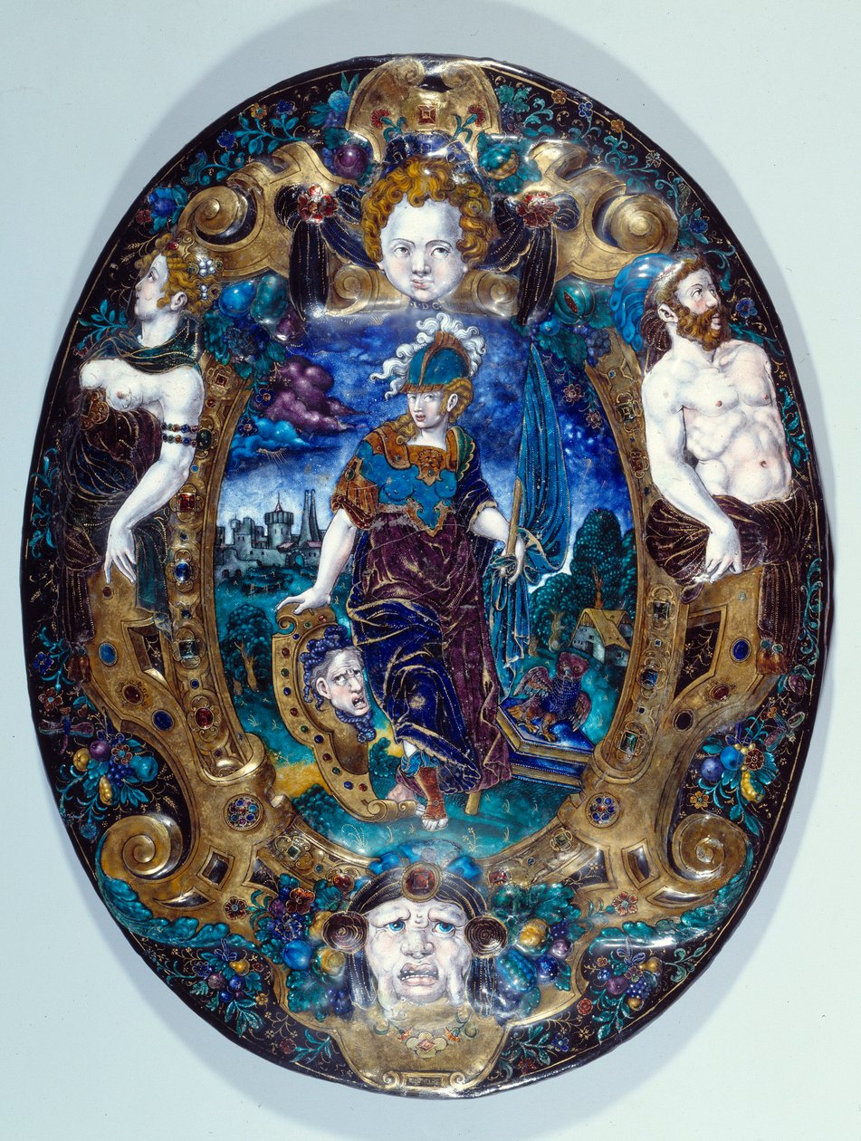 Målad emaljbricka som representerar Minerve på landskapsbakgrund skapad av Jean Court dit Vigier (1500-talet) (enamailleur på LIMOGES) Paris, Louvren av Jean de Court