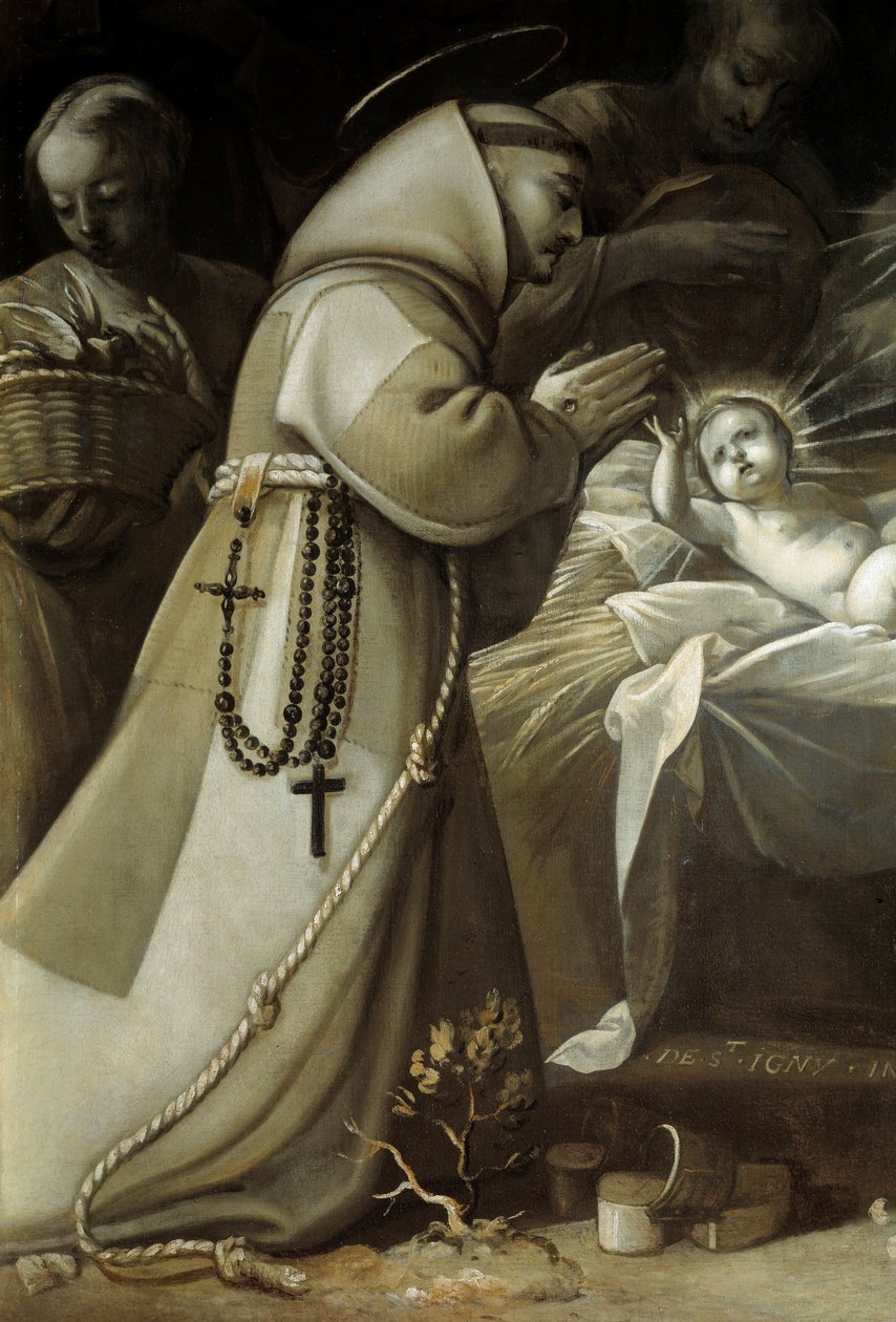 Tillbedjan av herdarna En munk som ber inför Jesusbarnet. Målning av Jean de Saint Igny av Jean de Saint Igny