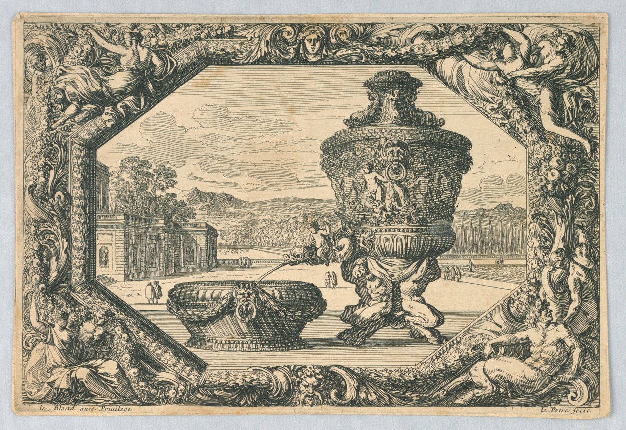 En urna och skål i Eschutcheon, från "Fountains, Bowls and Cartridges" av Jean le Pautre