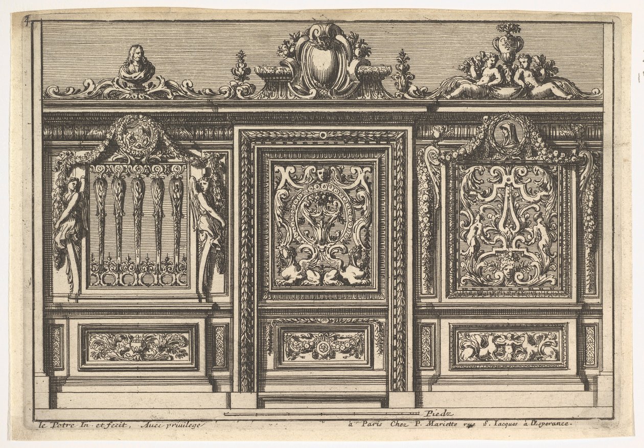 Design för en körskärm med två varianter, från: Clôtures de chapelles, 1600-talet. av Jean le Pautre