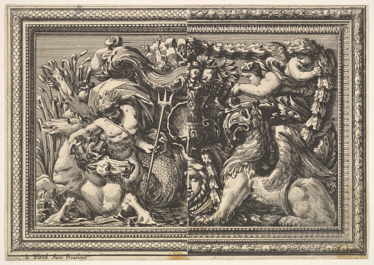 Design för en panel med två varianter innehållande en Hippocamp och en Griffin, från: Ornements..., 1651. av Jean le Pautre
