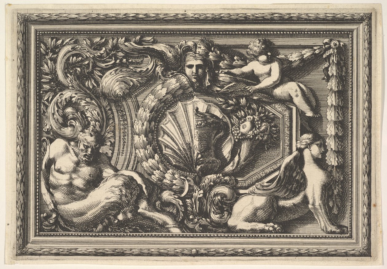 Design för en panel med två varianter innehållande en Satyr och en Sphynx, från: Pannea..., 1600-talet. av Jean le Pautre