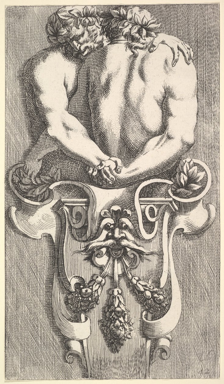 Design för en termin med två omfamnande satyrer, från: Curieuses Recherches de Several Beaus..., 1645. av Jean le Pautre