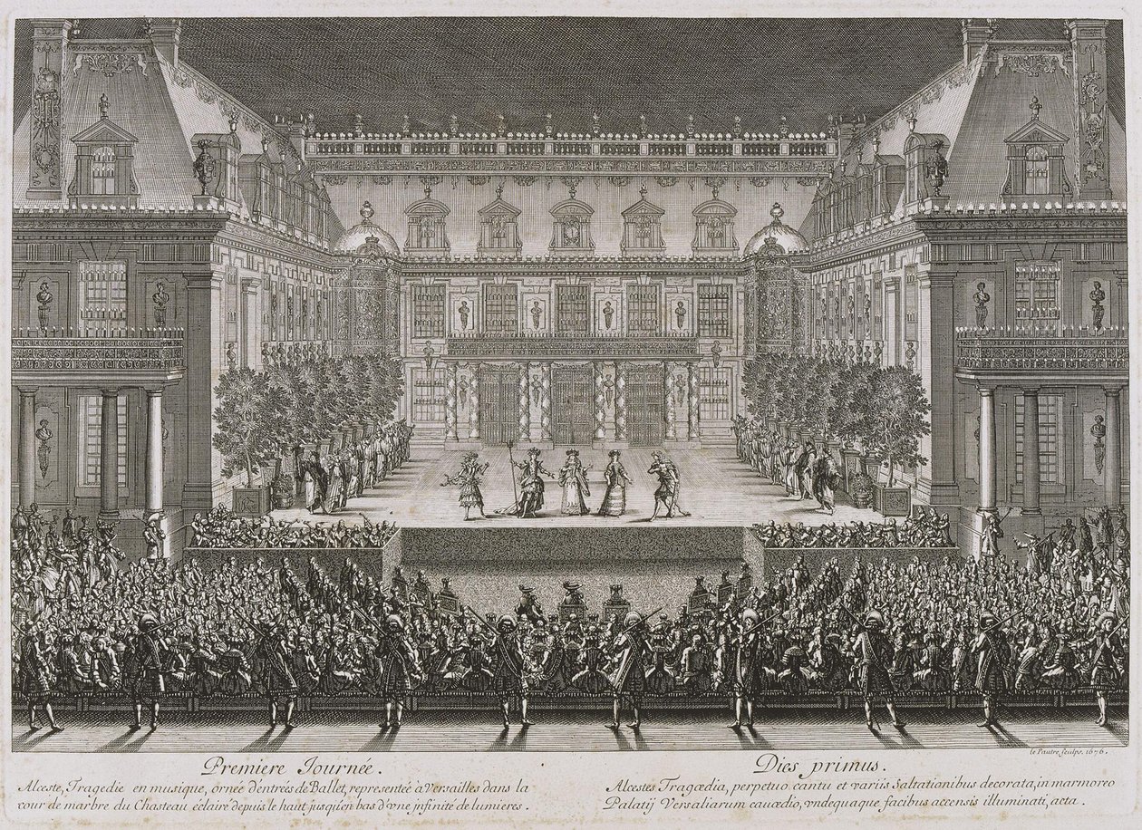 Jean-Baptiste Lullys opera Alceste framförs på marmorgården vid Palace of Versail av Jean le Pautre