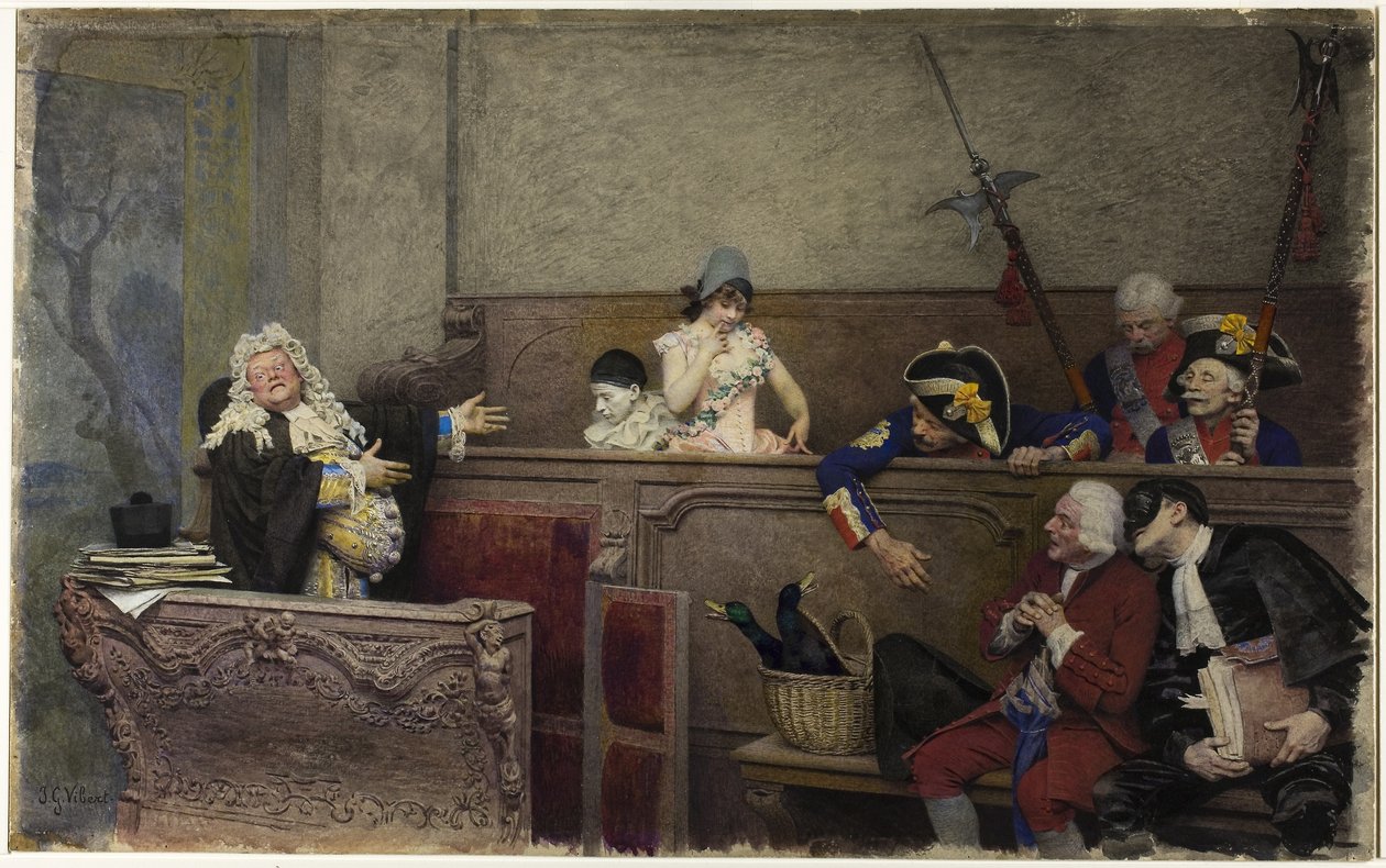 Rättegång med Pierrot (akvarell och gouache, över grafit, på krämskiva) av Jean or Jehan Georges Vibert