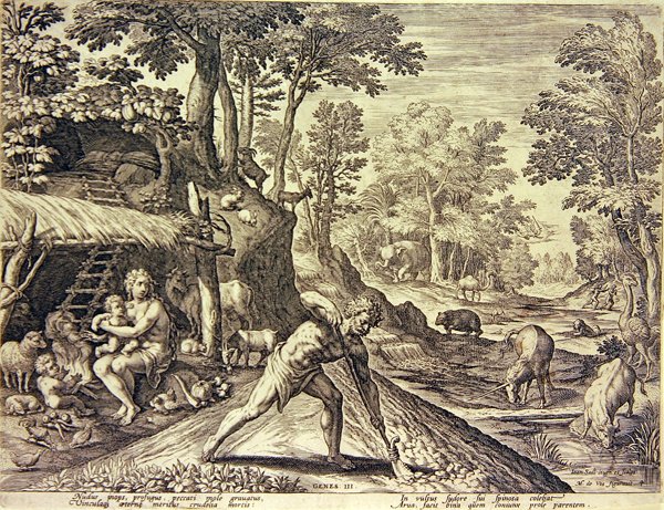 Adam och Eva efter utvisningen (gravyr) av Jean or Johann Sadeler