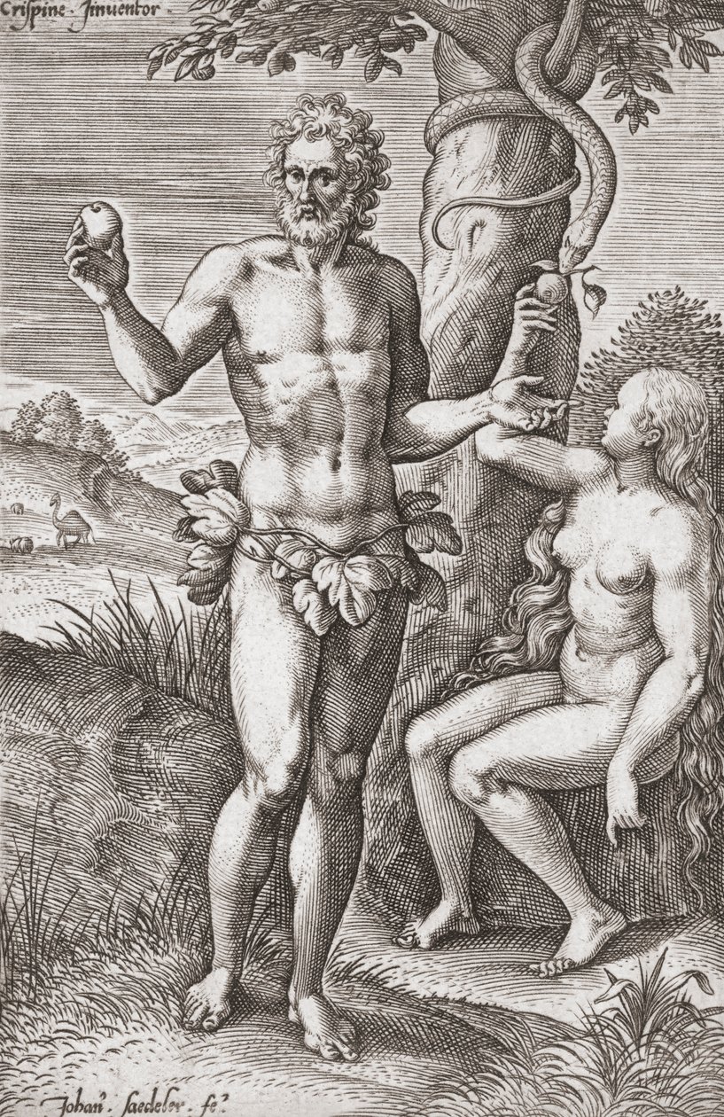 Adam och Eva i Edens lustgård. (skriva ut) av Jean or Johann Sadeler
