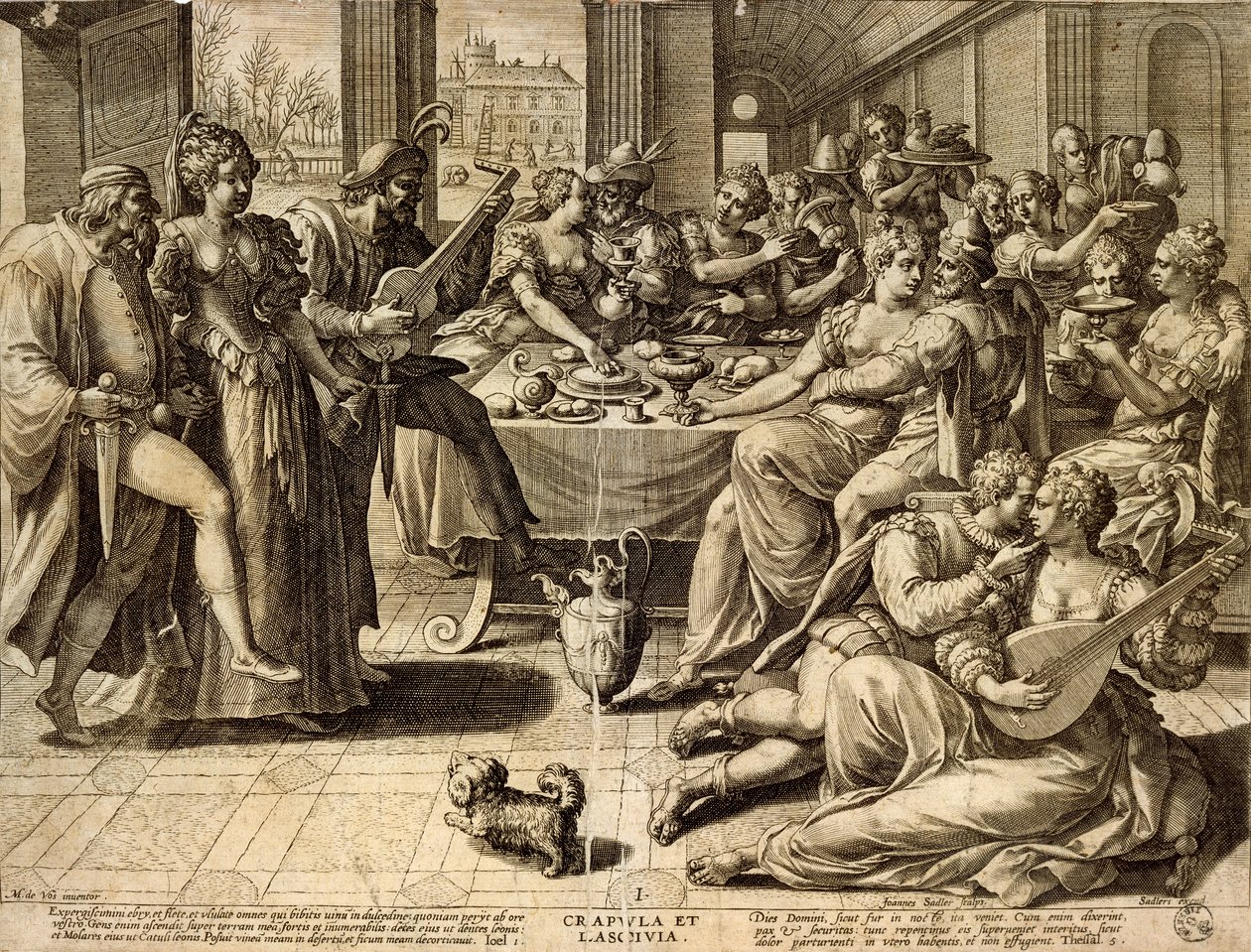 Middag av Jan Sadeler I (1550-1600), gravyr av Jean or Johann Sadeler