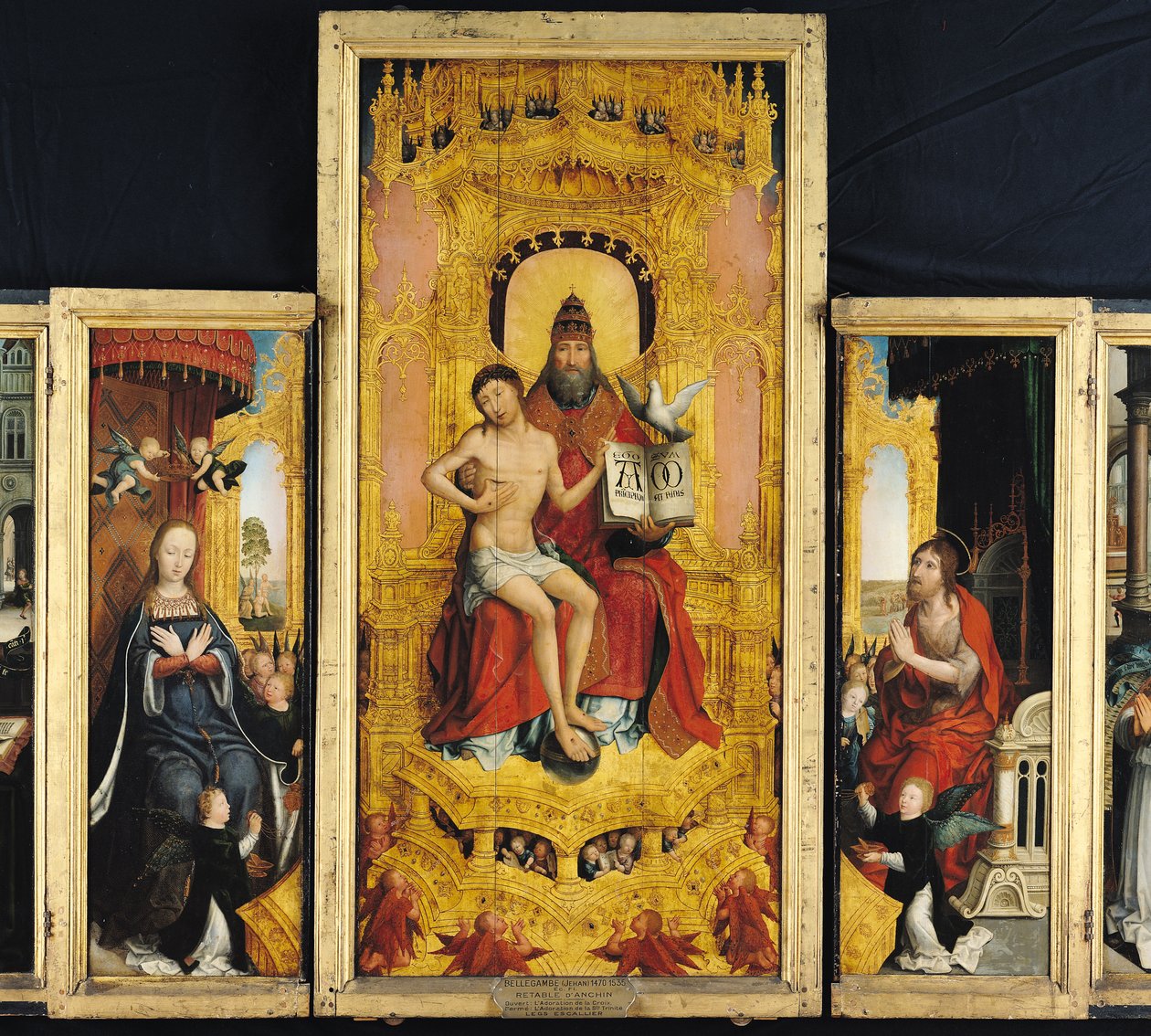 Polyptyk om förhärligandet av den heliga treenigheten, central panel som visar treenigheten, jungfrun och Johannes Döparen, ca 1509-16 av Jean the Elder Bellegambe