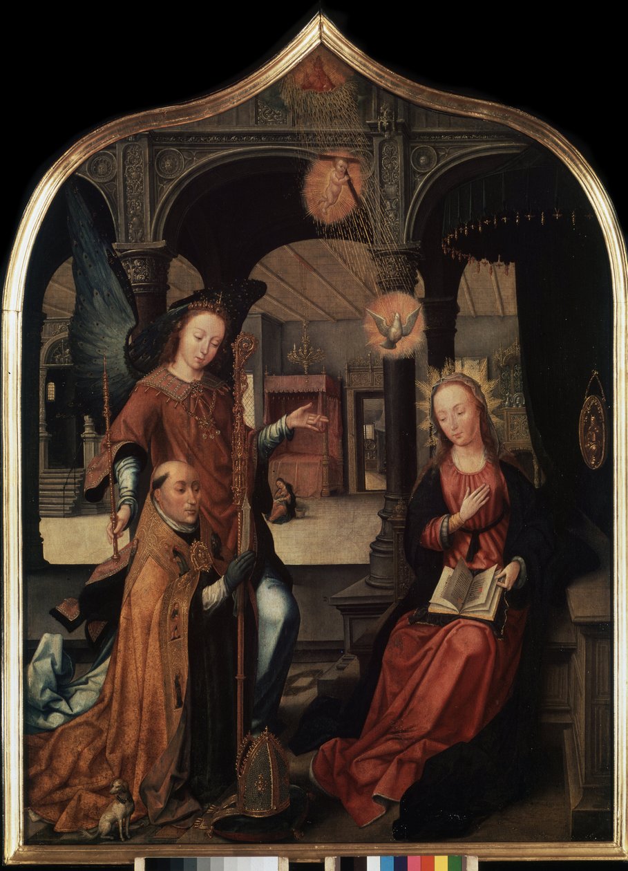 ""representation av tillkännagivandet med skyddshelgonet Guillaume av Bryssel"" Central panel i triptyken av tillkännagivandet (Bekännelsen). Målning på trä av Jean Bellegambe den äldre (1470-1534) Sankt Petersburg, Eremitaget av Jean the Elder Bellegambe
