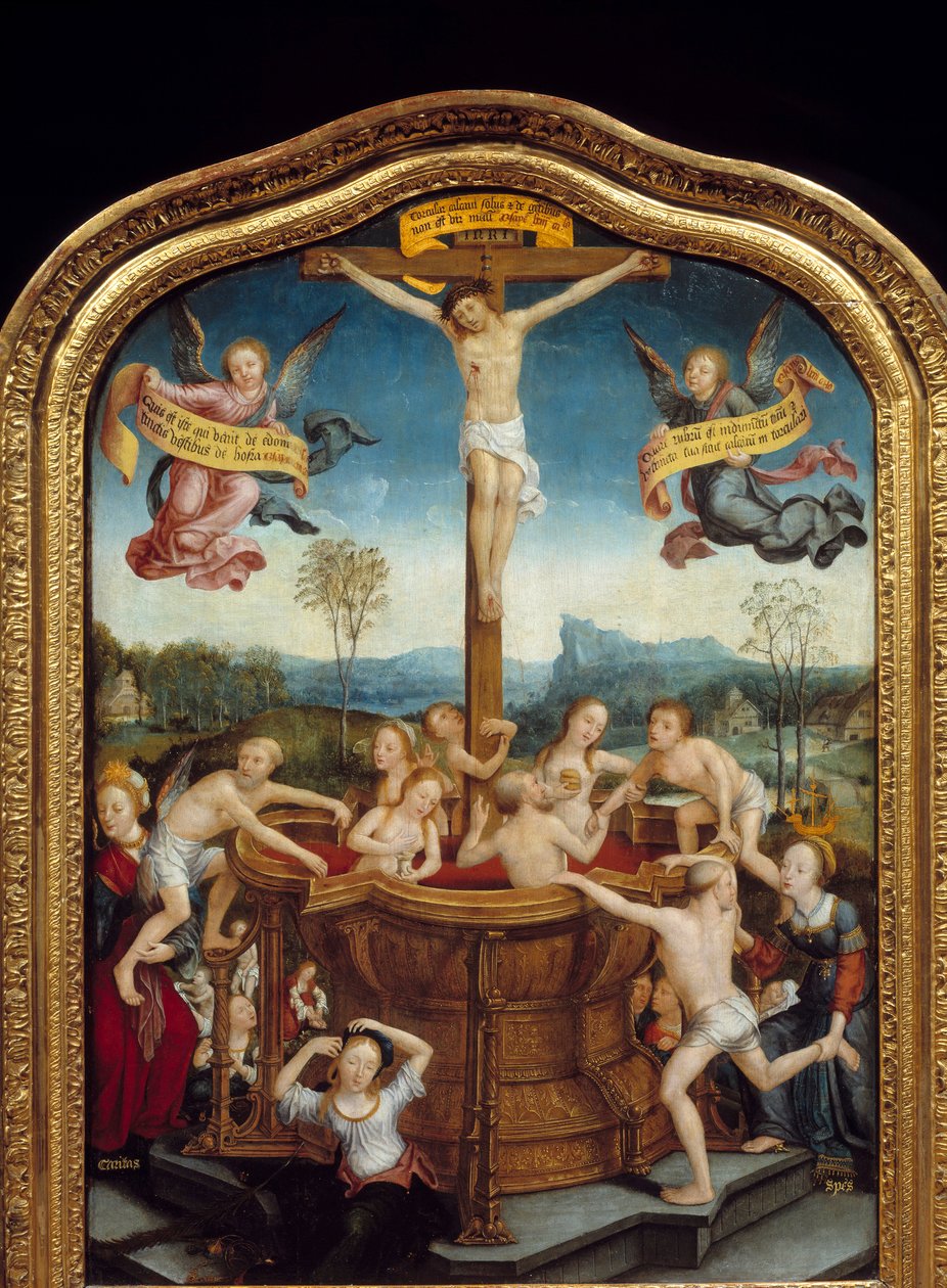 Det mystiska badet. Vid foten av det kors som Kristus korsfästes på badar män och kvinnor i en källa av blod från Messias kropp. Centrala delen av triptyken. Målning på trä av Jean Bellegambe den äldre (1470-1535) 1510-1520 Sön. 0,81x0 av Jean the Elder Bellegambe