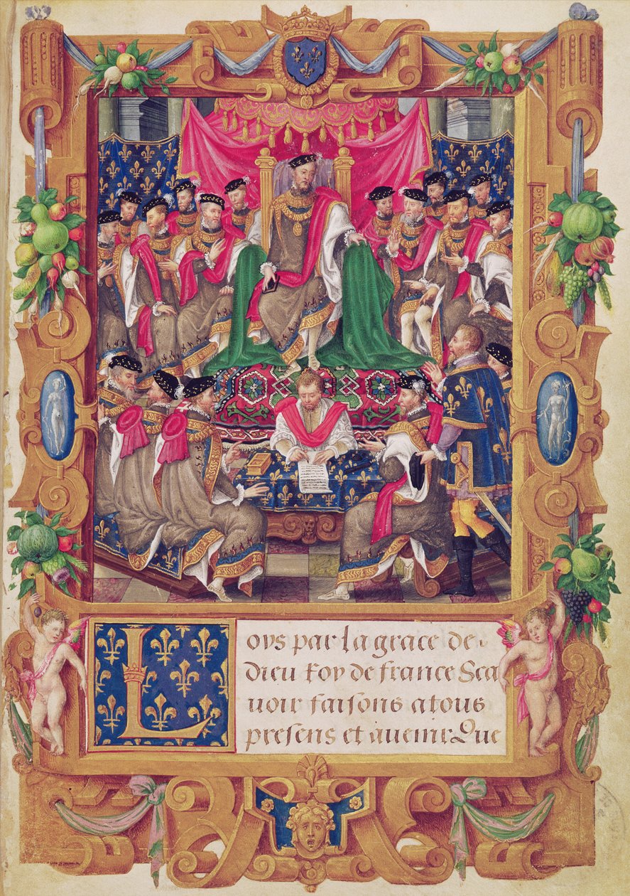 Henri II leder ett kapitelmöte i den franska ridderorden av Saint-Michel av Jean the Elder Cousin
