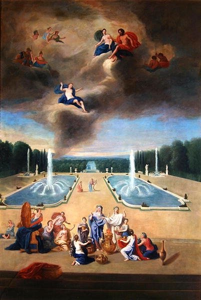 Groves of Versailles. Utsikt över vattenparterren och djurskåpen, med prästinnor som förbereder ett offer för Venus av Jean the Younger Cotelle