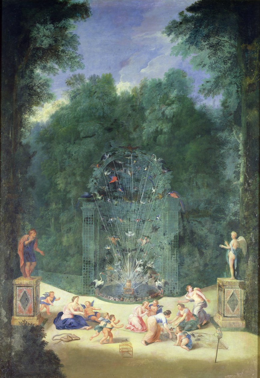 The Groves of Versailles: Utsikt över ingången till labyrinten med fåglar, nymfer och keruber, 1688 av Jean the Younger Cotelle