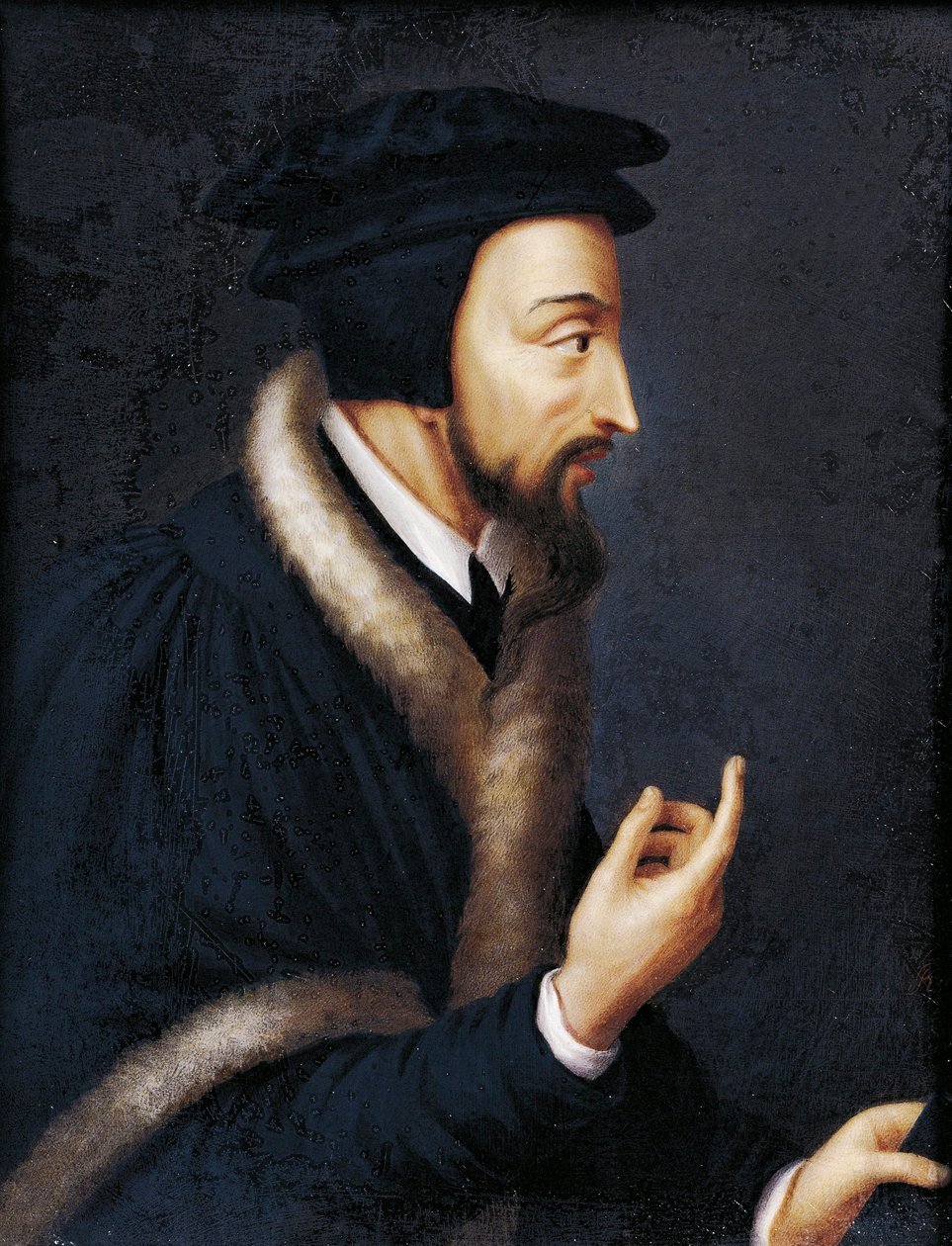 Porträtt av John Calvin, fransk teolog och religiös reformator, Miniatyr av Jeanne Henriette Rath