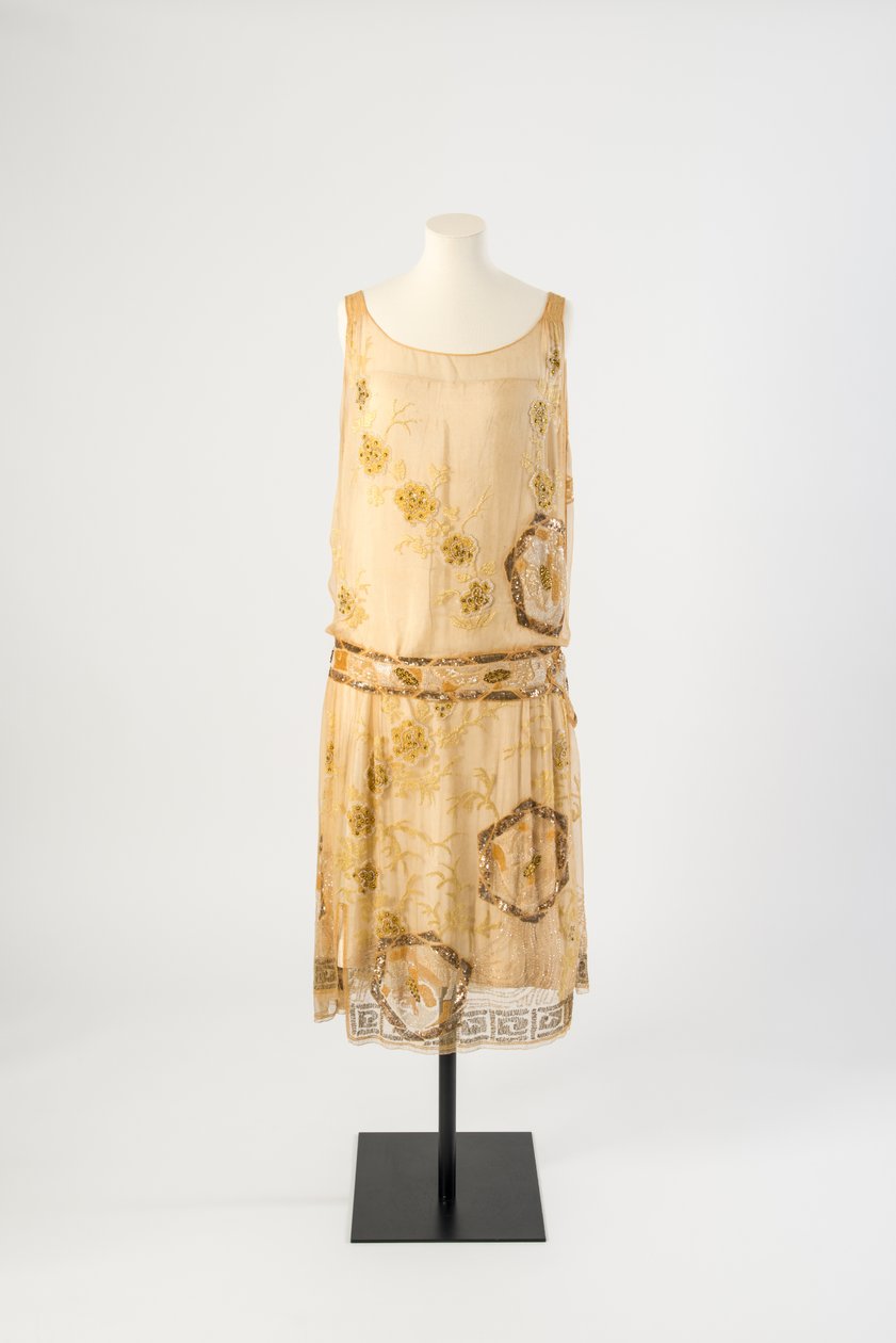 Citrongul sidenchiffongpärlor broderad aftonklänning, 1927 (siden) av Jeanne Paquin