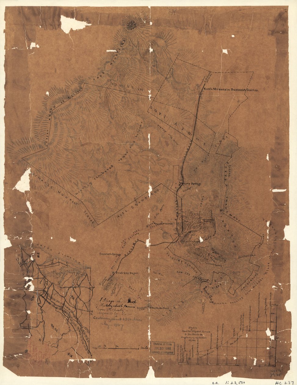 En topografisk karta över järnfastigheten Elizabeth Furnace, Augusta Co., Va., som omfattar ca 6250 acres, Aug. 1867. LOC 2005625144 av Jedediah Hotchkiss