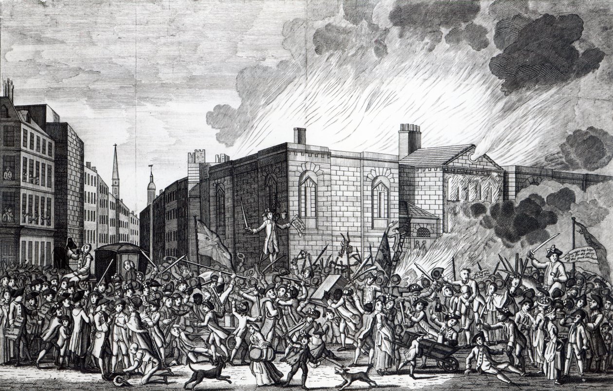 En exakt representation av upprorsmakarnas brännande, plundrande och förstörelse av Newgate den minnesvärda 7 juni 1780, graverad av Henry Roberts, 1781 av Jefferyes Hammett O