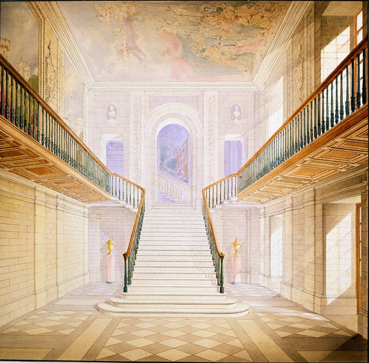 Design för en trappa i Painted Hall, Chatsworth (akvarell på papper) av Jeffry Wyatville