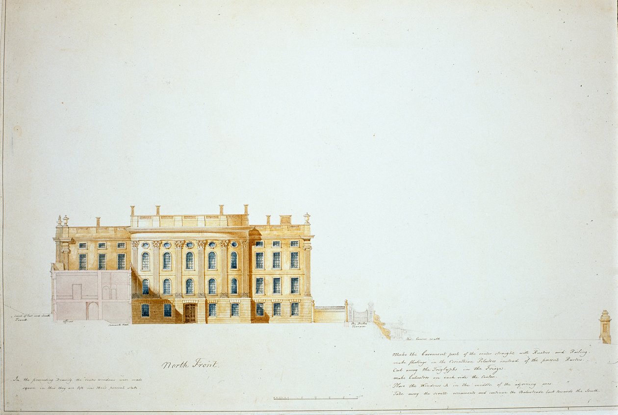 Design för North Elevation, Chatsworth House (akvarell på papper) av Jeffry Wyatville