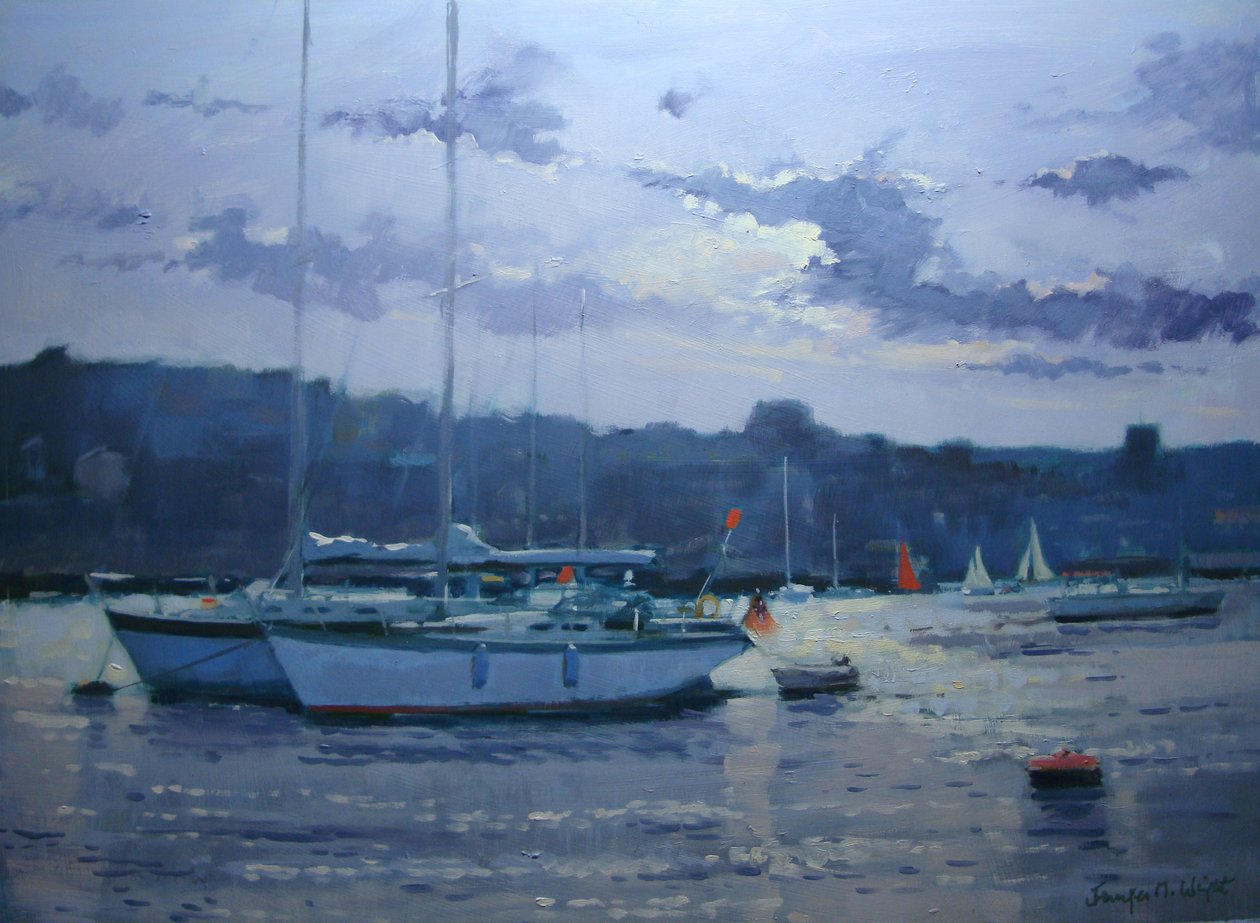 Salcombe - förtöjda yachter, sen eftermiddag av Jennifer Wright